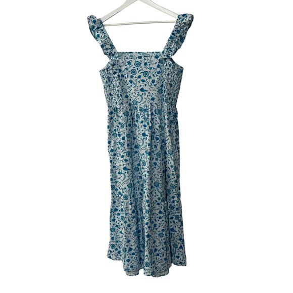 Draper James Womens Size Large Floral Smocked Ruffle Strap Midi Dress Blue White - Picture 3 of 12